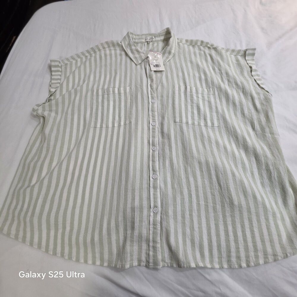 wonderfly womans striped button up blouse mint green/white stripe 4X Cotton NWT